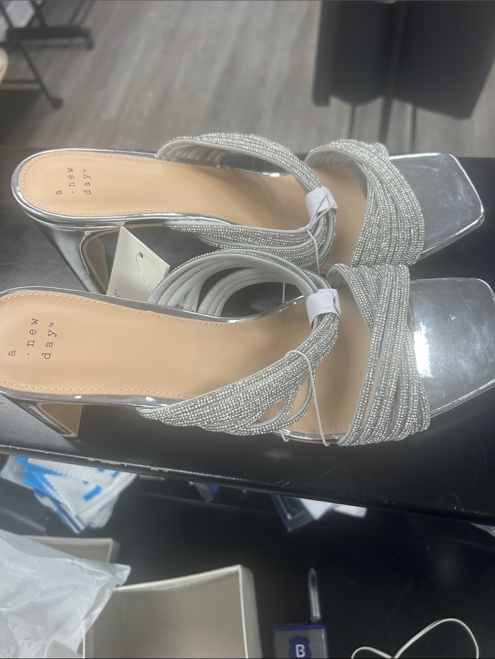 a new day Silver Rhinestone Strappy Block Heel Sandals